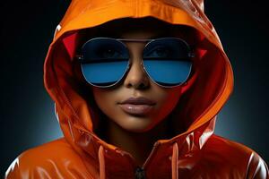 Neon portrait of young woman in round sunglasses and hoodie. Studio shot. AI Generated photo