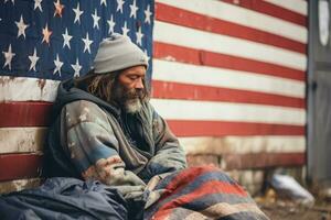 Homeless man sleeps on the pavement in the USA, hiding behind the American flag. AI Generated photo