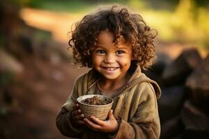 sequía, carencia de agua problema. riendo niño en África de cerca con jarra de agua. ai generado foto