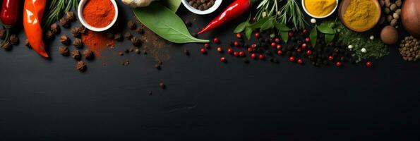 Herbs and spices for cooking on dark background. AI Generated photo