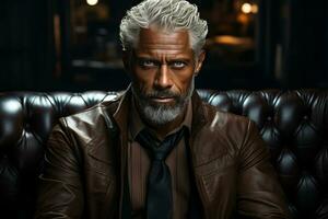 dark-skinned handsome guy with white hair and blue eyes standing on a dark background with a serious facial expression in brown clothes . AI Generated photo