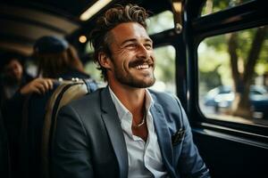 Attractive elegant happy man in good car. AI Generated photo