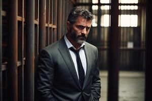 The businessman got out of prison with his things and is thinking about what to do next. A man stands near the exit from the prison. photo