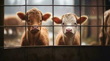 generativo ai, pequeño terneros mirando a el cámara en un granja, bebé vacas foto