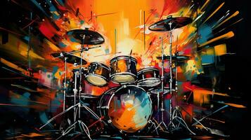 Generative AI, Jazz music street art with drums musical instrument silhouette. Ink colorful graffiti art on a textured wall, canvas background photo