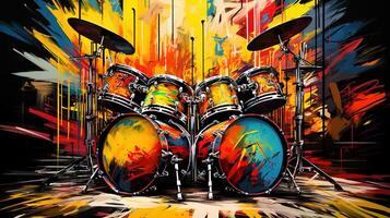 Generative AI, Jazz music street art with drums musical instrument silhouette. Ink colorful graffiti art on a textured wall, canvas background photo