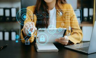 Cyber security data protection Business working on compute Intelligenc digital tablet global network connection data science digital marketing, Investment global in office photo