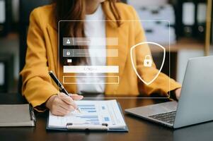 Cyber security concept, Login, User, identification information security and encryption, secure access to user's personal information woman using smart phone and tablet photo