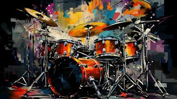 Generative AI, Jazz music street art with drums musical instrument silhouette. Ink colorful graffiti art on a textured wall, canvas background photo