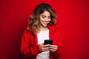 mujer con teléfono en rojo antecedentes. ai generado foto