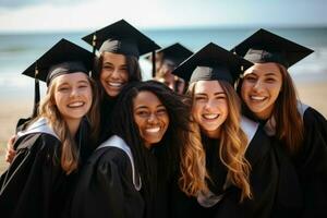 Happy diverse satisfied university graduates. AI Generated photo