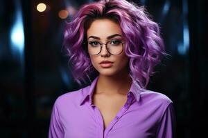 Young woman beauty face wear stylish eyewear glasses look at camera in neon light purple blue background. AI Generated photo