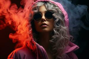 Neon profile portrait of young woman in sunglasses and hoodie. Studio shot with smoke in scene. AI Generated photo