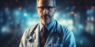 Medicine doctor with stethoscope and icon health care on virtual interface and patients. photo