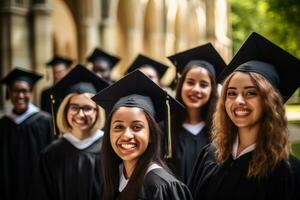 Happy diverse satisfied university graduates. AI Generated photo