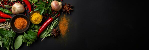 Herbs and spices for cooking on dark background. AI Generated photo