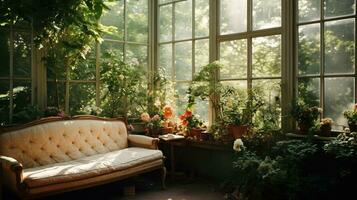 generativo ai, hermosa estético privado jardín con muchos flores y plantas, naturaleza paisaje, apagado neutral colores foto