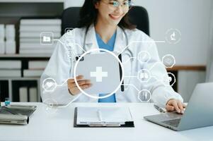 health care business graph data and growth, Medical examination and doctor analyzing medical report network connection on tablet screen. photo