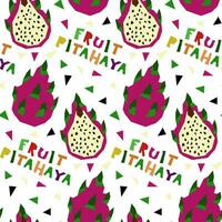 A pattern with an abstract image of pitahaya and a name in the form of geometric shapes. Colorful textile print in tropical style. Packaging for products with a certain taste. Stylized flat vector