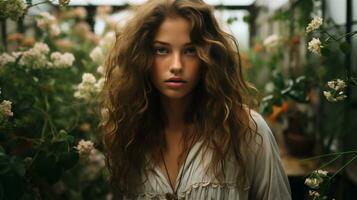 Generative AI, Beautiful girl with no make up in the autumn garden, aesthetic, muted neutral colors photo