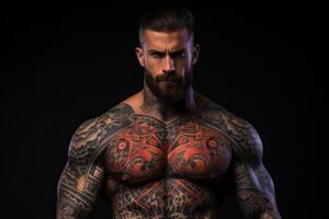 Confident man with muscular body tattooed on black background. photo