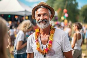 attractive mature man at the festival . AI Generated photo