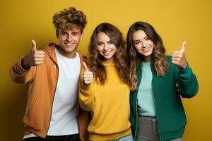 Portrait of teenagers showing thumb-up on yellow background. AI Generated photo