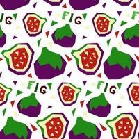 A pattern with an abstract image of figs and a name in the form of geometric shapes. Summer colorful textile print in tropical style. Packaging for fig-flavored products. Stylized flat vector