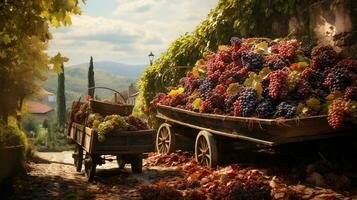 Generative AI, Fresh grapes in a truck, grape harvest at a vineyard photo