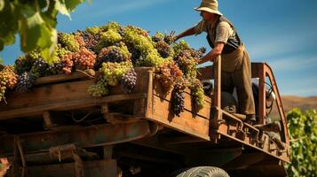 Generative AI, Fresh grapes in a truck, grape harvest at a vineyard photo