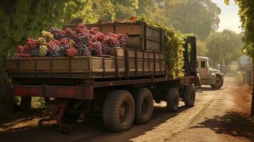 Generative AI, Fresh grapes in a truck, grape harvest at a vineyard photo