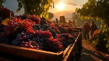 Generative AI, Fresh grapes in a truck, grape harvest at a vineyard photo