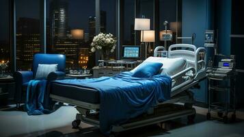 Generative AI, Recovery room with comfortable bed, medical interior, empty hospital room. photo