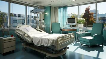 Generative AI, Recovery room with comfortable bed, medical interior, empty hospital room. photo