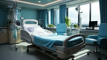 Generative AI, Recovery room with comfortable bed, medical interior, empty hospital room. photo