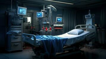 Generative AI, Recovery room with comfortable bed, medical interior, empty hospital room. photo