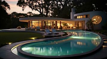 generativo ai, ver de nadando piscina en frente de un moderno lujo casa iluminado en el noche foto