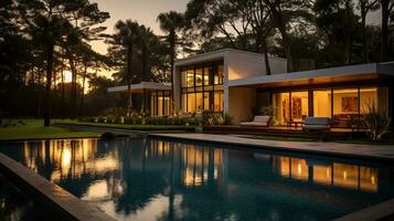 generativo ai, ver de nadando piscina en frente de un moderno lujo casa iluminado en el noche foto