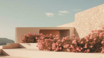 Generative AI, Ibiza aesthetic villa house and coast landscape, muted colors, minimalism photo