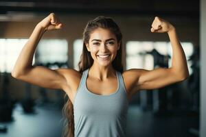 Smiling Woman, fitness and thumbs up to health, workout and training to live an active, wellness and healthy lifestyle with gym. Personal trainer. AI Generated photo