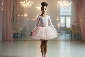 orgulloso africano americano pequeño niña en ballet vistiendo un rosado tutu falda niños en pie en ballet. ai generado foto