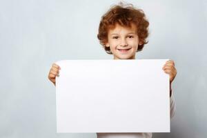 Happy Scholl boy holding blank white banner sign, isolated studio portrait. AI Generated photo