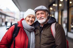 A happy seniors couple in traveling . photo