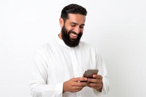 man with phone on white background. AI Generated photo