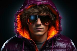 Neon portrait of young man in round sunglasses and hoodie. Studio shot. AI Generated photo