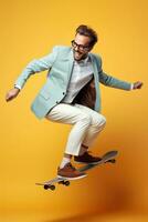 Young handsome funny man with glasses, brown hair and beard, wearing light grey suit and sneakers, jumping with the skateboard on color studio background. AI Generated photo