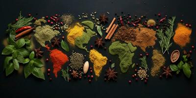 Spices and herbs around the world in the shape of a world map on a dark background. Top view. Creative photo banner. AI Generated