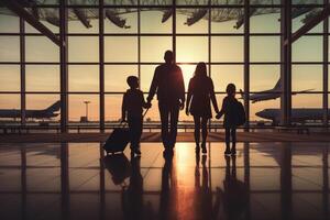 Family travel, showcasing silhouette figures of family members inside an airport terminal. photo