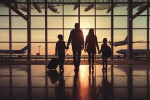 familia viajar, exhibiendo silueta cifras de familia miembros dentro un aeropuerto Terminal. ai generado foto