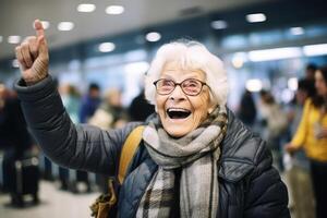 very happy old woman at airport terminal . AI Generated photo